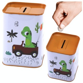 Skarbonka Dinozaur W Samochodzie Nauka Oszczędzania Metalowa Biała 11x8cm