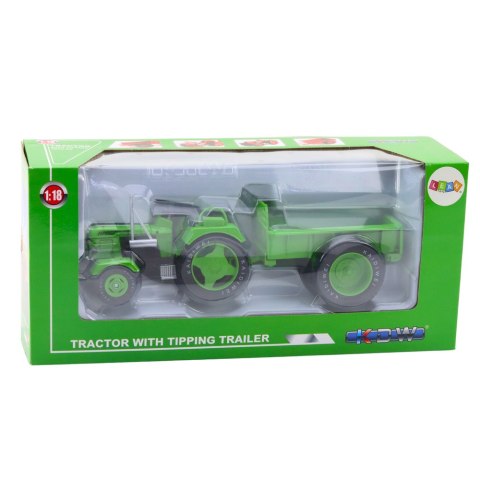 Metalowy Traktor Rolniczy Z Przyczepą Zielony 1:18 Metalowy Traktor Rolniczy Z Przyczepą Zielony 1:18