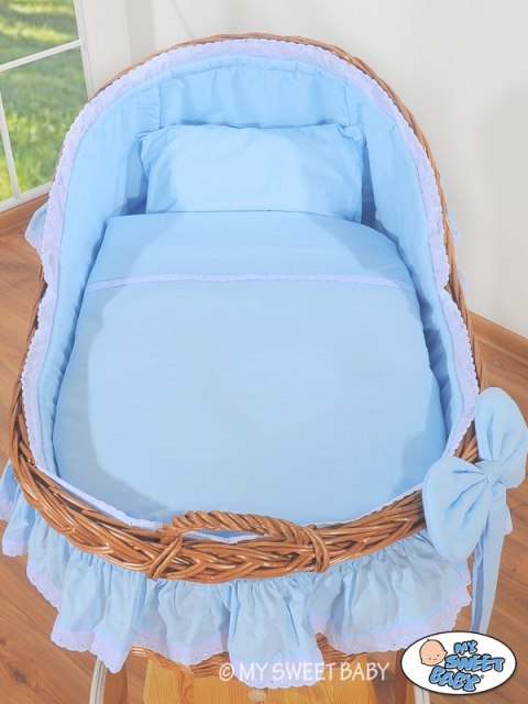 Wiklinowy kosz Mojżesza z budką wiklinową Carina naturalny + niebieska pościel Wiklinowy kosz Mojżesza z budką wiklinową Carina naturalny + niebieska pościel