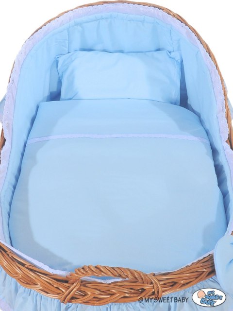 Wiklinowy kosz Mojżesza z budką wiklinową Carina naturalny + niebieska pościel Wiklinowy kosz Mojżesza z budką wiklinową Carina naturalny + niebieska pościel