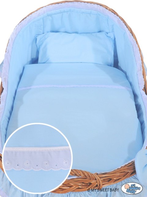 Wiklinowy kosz Mojżesza z budką wiklinową Carina naturalny + niebieska pościel Wiklinowy kosz Mojżesza z budką wiklinową Carina naturalny + niebieska pościel