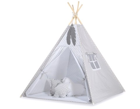 Namiot Tipi dla dzieci+ zawieszki pióra - Białe grochy na szarym Namiot Tipi dla dzieci+ zawieszki pióra - Białe grochy na szarym