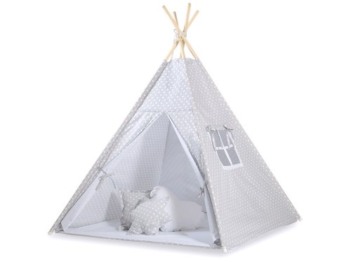 Namiot Tipi dla dzieci+ zawieszki pióra - Białe grochy na szarym Namiot Tipi dla dzieci+ zawieszki pióra - Białe grochy na szarym
