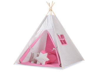 Namiot Tipi dla dzieci+ zawieszki pióra - Kratka szara- różowy