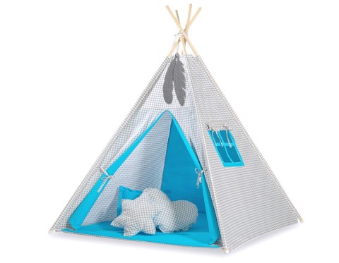 Namiot Tipi dla dzieci+ zawieszki pióra - Kratka szara- turkusowy Namiot Tipi dla dzieci+ zawieszki pióra - Kratka szara- turkusowy