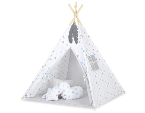 Namiot Tipi dla dzieci + zawieszki pióra - Gwiazdy szaro-niebieskie/szary Namiot Tipi dla dzieci + zawieszki pióra - Gwiazdy szaro-niebieskie/szary