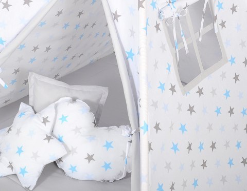 Namiot Tipi dla dzieci + zawieszki pióra - Gwiazdy szaro-niebieskie/szary Namiot Tipi dla dzieci + zawieszki pióra - Gwiazdy szaro-niebieskie/szary