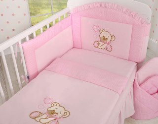 Komplet pościeli dla dzieci 135x100cm z ochraniaczem 3-cz Miś z kokardką różowy