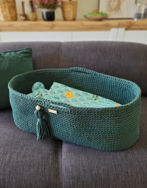 Kosz Mojżesza BOHO bawełniany Handmade z materacykiem - butelkowa zieleń