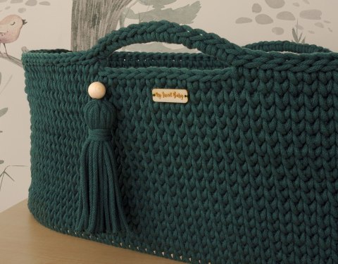 Kosz Mojżesza BOHO bawełniany Handmade z materacykiem - butelkowa zieleń