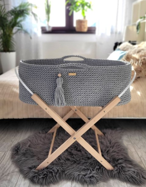 Kosz Mojżesza BOHO bawełniany Handmade z materacykiem - ciemny szary