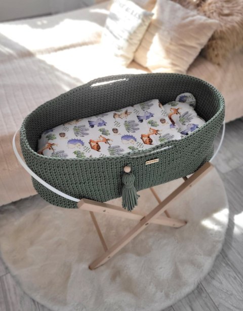 Kosz Mojżesza BOHO bawełniany Handmade z materacykiem - szałwia