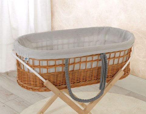 Kosz mojżesza BOHO wiklinowy z wyściółką muślinową - szarą Kosz mojżesza BOHO wiklinowy z wyściółką muślinową - szarą