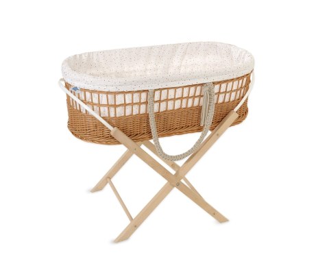 Kosz mojżesza BOHO wiklinowy ze stojakiem z wyściółką bawełnianą - mini gwiazdki złote Kosz mojżesza BOHO wiklinowy ze stojakiem z wyściółką bawełnianą - mini gwiazdki złote