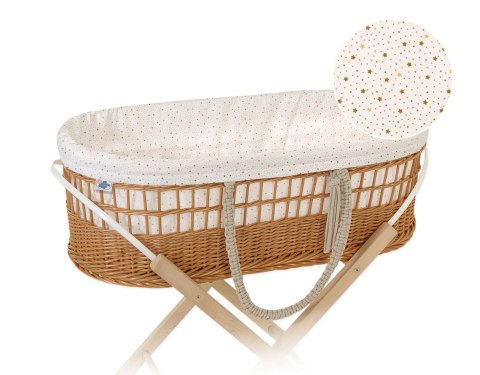 Kosz mojżesza BOHO wiklinowy ze stojakiem z wyściółką bawełnianą - mini gwiazdki złote Kosz mojżesza BOHO wiklinowy ze stojakiem z wyściółką bawełnianą - mini gwiazdki złote