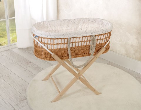 Kosz mojżesza BOHO wiklinowy ze stojakiem z wyściółką bawełnianą - mini gwiazdki złote Kosz mojżesza BOHO wiklinowy ze stojakiem z wyściółką bawełnianą - mini gwiazdki złote