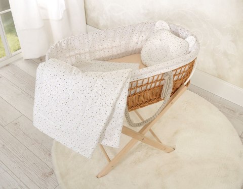 Kosz mojżesza BOHO wiklinowy ze stojakiem z wyściółką bawełnianą - mini gwiazdki złote Kosz mojżesza BOHO wiklinowy ze stojakiem z wyściółką bawełnianą - mini gwiazdki złote