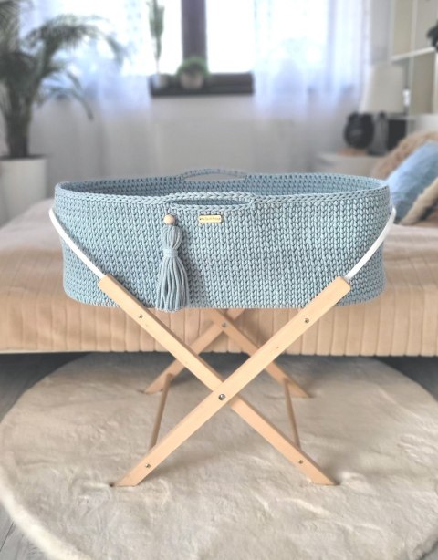 Kosz Mojżesza BOHO bawełniany Handmade z materacykiem - misty blue