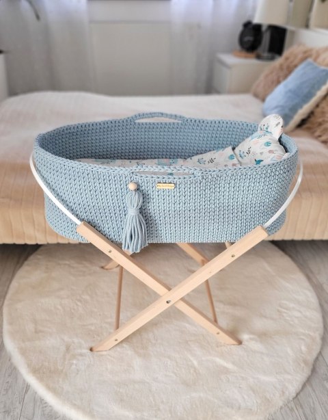 Kosz Mojżesza BOHO bawełniany Handmade z materacykiem - misty blue