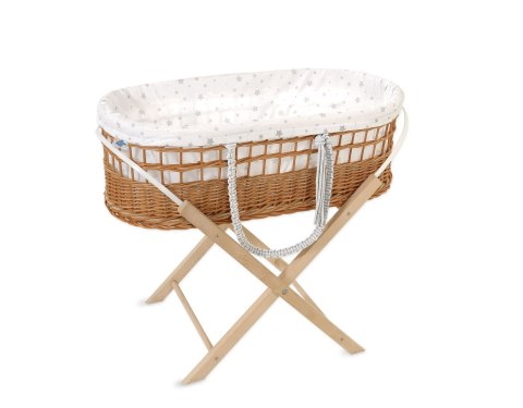 Kosz mojżesza BOHO wiklinowy ze stojakiem z wyściółką bawełnianą - mini gwiazdki szare Kosz mojżesza BOHO wiklinowy ze stojakiem z wyściółką bawełnianą - mini gwiazdki szare