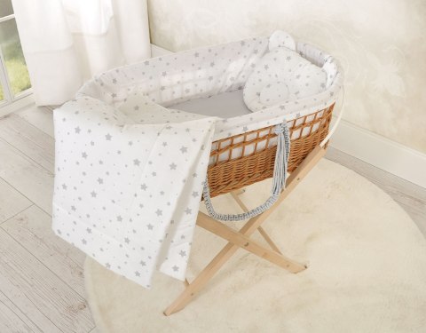 Kosz mojżesza BOHO wiklinowy ze stojakiem z wyściółką bawełnianą - mini gwiazdki szare Kosz mojżesza BOHO wiklinowy ze stojakiem z wyściółką bawełnianą - mini gwiazdki szare