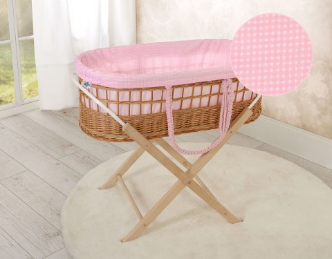 Kosz mojżesza BOHO wiklinowy ze stojakiem z wyściółką bawełnianą - pepitka różowa Kosz mojżesza BOHO wiklinowy ze stojakiem z wyściółką bawełnianą - pepitka różowa