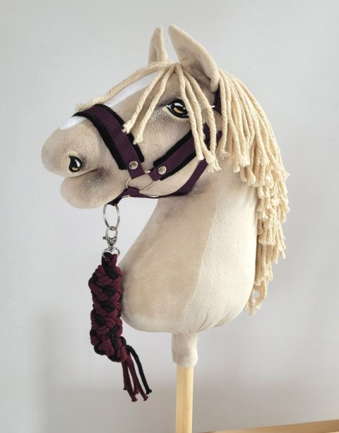 Zestaw do Hobby Horse: kantar A3 z czarnym futerkiem + uwiąz ze sznurka - czarno-śliwkowy Zestaw do Hobby Horse: kantar A3 z czarnym futerkiem + uwiąz ze sznurka - czarno-śliwkowy