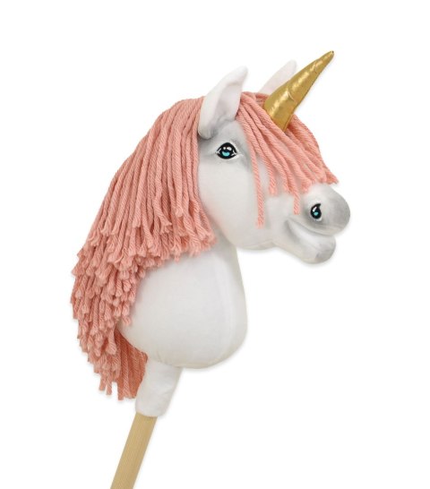 Hobby Horse Jednorożec na kiju mały biały, grzywa brudny róż i złoty róg