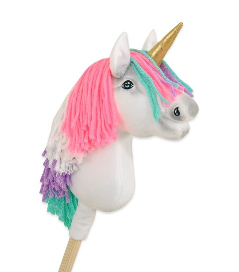 Hobby Horse Jednorożec na kiju mały biały z kolorową grzywą i złotym rogiem