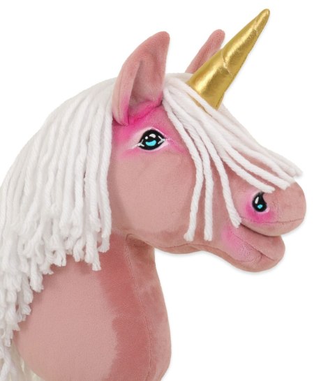 Hobby Horse Jednorożec na kiju mały brudny róż z białą grzywą i złotym rogiem