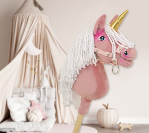 Hobby Horse Jednorożec na kiju mały brudny róż z białą grzywą i złotym rogiem