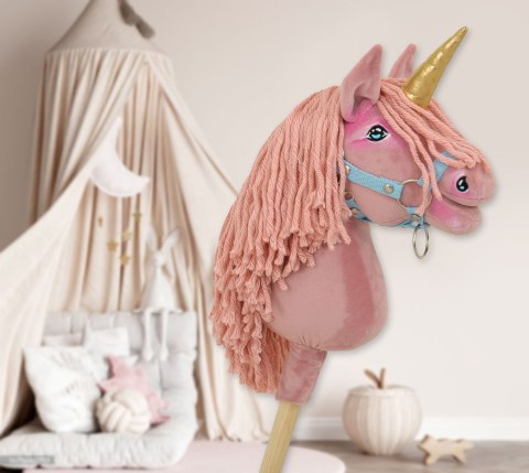 Hobby Horse Jednorożec na kiju mały brudny róż z różową grzywą i złotym rogiem