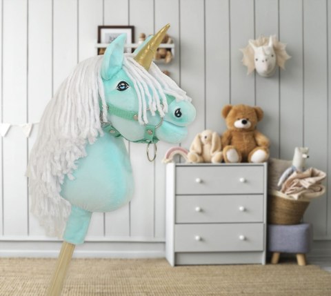 Hobby Horse Jednorożec na kiju mały miętowy z białą grzywą i złotym rogiem
