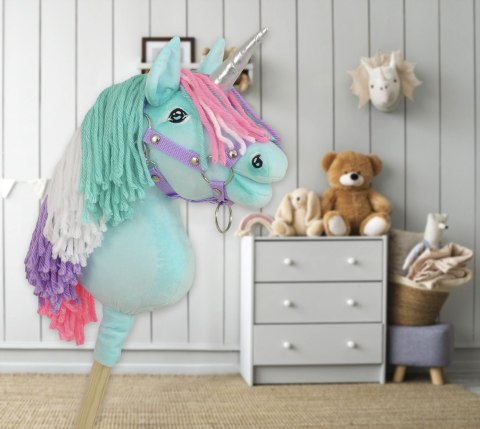 Hobby Horse Jednorożec na kiju mały miętowy z kolorową grzywą i srebrnym rogiem