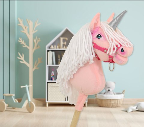 Hobby Horse Jednorożec na kiju mały różowy z białą grzywą i srebrnym rogiem