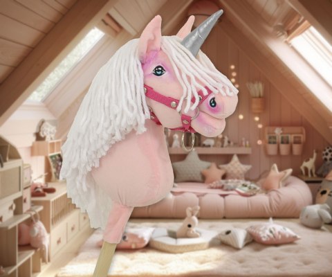 Hobby Horse Jednorożec na kiju mały różowy z białą grzywą i srebrnym rogiem