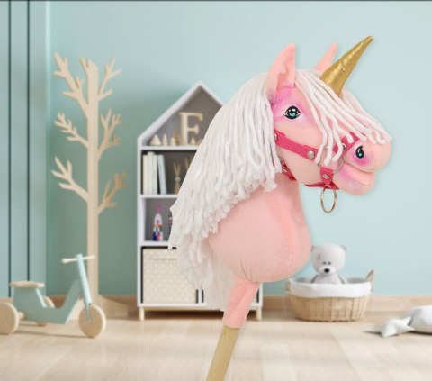 Hobby Horse Jednorożec na kiju mały różowy z białą grzywą i złotym rogiem