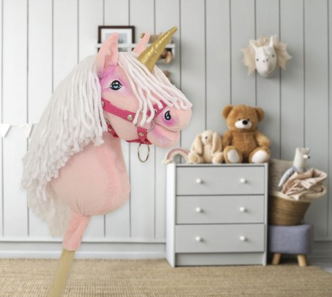 Hobby Horse Jednorożec na kiju mały różowy z białą grzywą i złotym rogiem