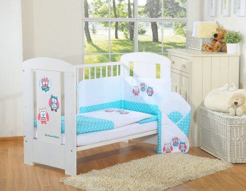 Komplet pościeli dla dzieci 120x90cm z ochraniaczem 3-cz Sówki turkusowe z haftem różowo-turkusowym Komplet pościeli dla dzieci 120x90cm z ochraniaczem 3-cz Sówki turkusowe z haftem różowo-turkusowym