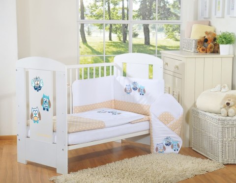 Komplet pościeli dla dzieci 135x100cm z ochraniaczem 3-cz Sówki beżowe z haftem beżowo-niebieskim Komplet pościeli dla dzieci 135x100cm z ochraniaczem 3-cz Sówki beżowe z haftem beżowo-niebieskim