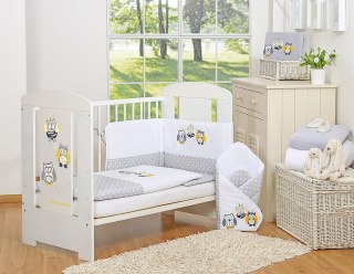 Komplet pościeli dla dzieci 135x100cm z ochraniaczem 3-cz Sówki szare z haftem szaro-żółtym