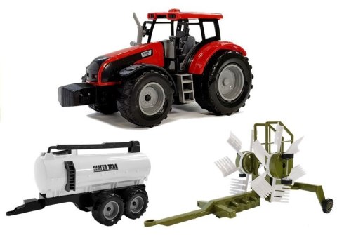 Traktor z Przyczepką, Zgrabiarką i Cysterną Czerwony Traktor z Przyczepką, Zgrabiarką i Cysterną Czerwony